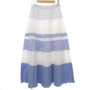 19SS ミックスプリーツストライプロングスカート 36 ブルー
