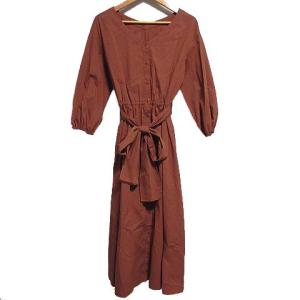 18AW リボンウエストシャツワンピース 長袖 ミモレ丈 Vネック フレア 36 ブラウン