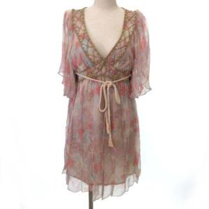 ワンピース ひざ丈 半袖 ビーズ ペイズリー柄 シルク 36 ピンク