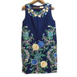 シルク ワンピース ミニ ノースリーブ フラワー 刺繍 36 ネイビー