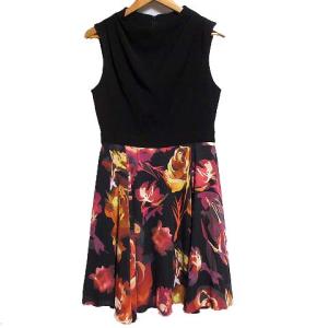 ドッキング ワンピース ノースリーブ フラワー 切替 フレア 36 ブラック