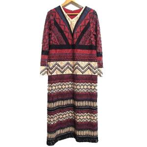 ワンピース 長袖 ミモレ丈 マルチボーダー Vネック 総レース 36 ベージュ レッド IBO21