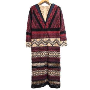 GRACE CONTINENTAL ワンピース 長袖 ミモレ丈 マルチボーダー Vネック 総レース 36 ベージュ レッド IBO21