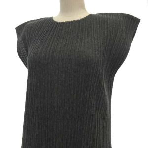 PLEATS PLEASE ISSEY MIYAKE イッセイミヤケ 近年 ラミー混 ワンピース ロング スリット ノースリーブ ドレス 2 グレー