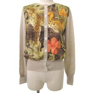 カーディガン シルク切替 花柄 レオパードプリント M ベージュ