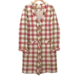 美品 18SS チェック ツイード コート ロング ノーカラー フリンジ 38 ピンク系 ZER1