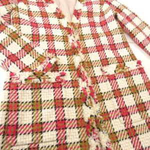 GRACE CONTINENTAL 美品 18SS チェック ツイード コート ロング ノーカラー フリンジ 38 ピンク系 ZER1