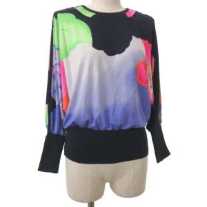 90S ドルマン 長袖 シルク カットソー フラワープリント 9 ネイビー