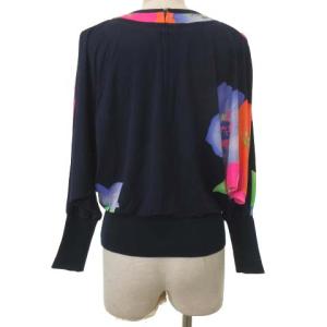 LEONARD 90S ドルマン 長袖 シルク カットソー フラワープリント 9 ネイビー