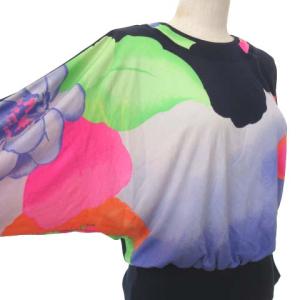 LEONARD 90S ドルマン 長袖 シルク カットソー フラワープリント 9 ネイビー