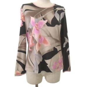 カットソー 長袖 シルク 花柄 42 ブラック ブラウン