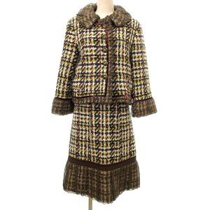 セットアップ ジャケット スカート Aライン ツイード ロゴボタン ウール シルク 40 36 茶