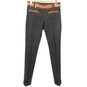 デニム パンツ カーフスキン レザー ロゴプレート ロールアップ ジップフライ ゴールド金具