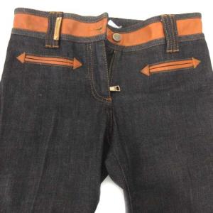 DOLCE&GABBANA デニム パンツ カーフスキン レザー ロゴプレート ロールアップ ジップフライ ゴールド金具