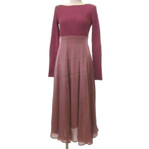 21SS リブ ニット ドッキング ワンピース ロング サテンスカート 光沢 ボートネック