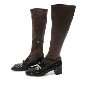 PRADA スリム ロング ブーツ ラムレザー×エナメル タッセルローファーデザイン 38.5 38 1