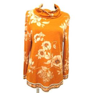 FASHION フラワープリントモックネックカットソー L オレンジ