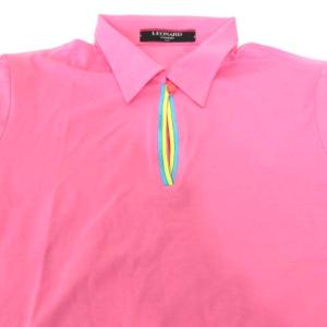 LEONARD FASHION ポロシャツ 半袖 総柄 ペイズリー柄 スリットネック コットン L ピンク