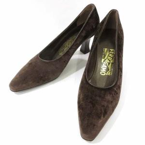 パンプス チャンキーヒール ポインテッドトゥ フォーマル ベルベッド 6C ダークブラウン