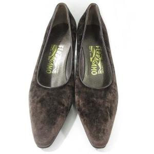 Salvatore Ferragamo パンプス チャンキーヒール ポインテッドトゥ フォーマル ベルベッド 6C ダークブラウン