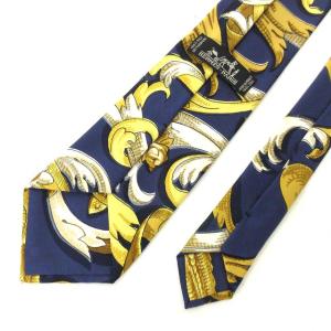 HERMES スカーフ柄 ネクタイ レギュラータイ ビジネス スーツ フォーマル シルク 紺 ネイビー 黄 イエロー フランス製 IBO23
