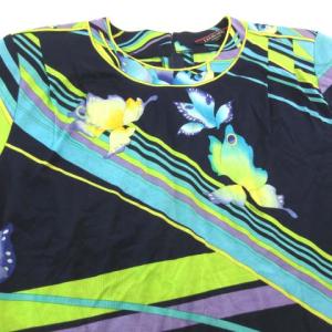 LEONARD Fashion 半袖 カットソー 蝶 ストライプ プリント 肩タック LL ネイビー