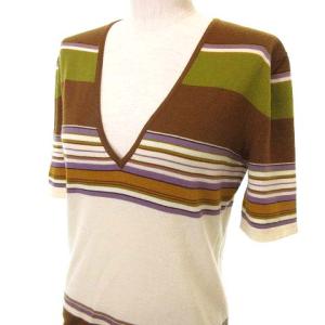 CELINE カットソー Tシャツ 半袖 ニット Vネック ライン ボーダー カシミヤ L ブラウン