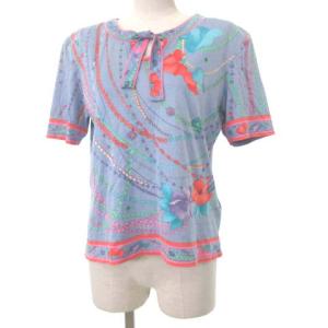 FASHION リボン カットソー 半袖 トップス フラワープリント L ライトブルー