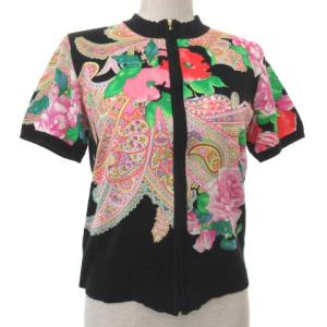 FASHION ジップ カーディガン 半袖 ペイズリー 花柄 ニット カットソー M ブラック