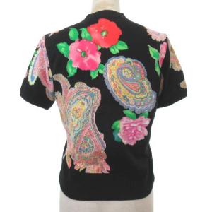 LEONARD FASHION ジップ カーディガン 半袖 ペイズリー 花柄 ニット カットソー M ブラック