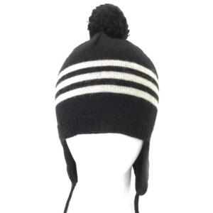Y-3 ニットキャップ ニット帽 ボーダー ボンボン 耳当て ウール フリーサイズ ブラック