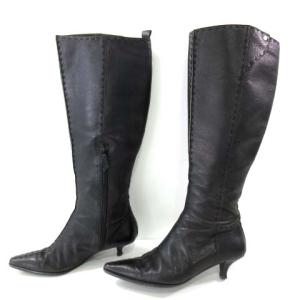 HERMES ロング ブーツ ハンドステッチ レザー ローヒール セリエボタン イタリア製 37 ブラック
