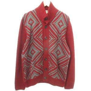 ニット カーディガン 国内正規 ハイネック リブ ボタン 柄 カシミヤ100% レッド