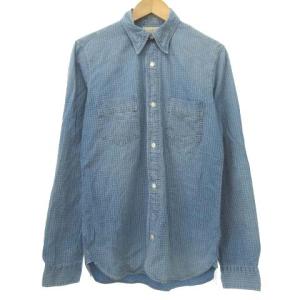 チェック シャツ 長袖 デニム調 ワークシャツ ボタンダウン カジュアル XS ブルー