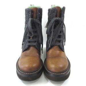 BRUNELLO CUCINELLI ブーツ ウール ラインストーン ミディアム丈 レースアップ 37 ブラウン×グレー