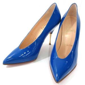 ハイヒール プレーン パンプス ポインテッドトゥ エナメル質 光沢 無地 36 ブルー
