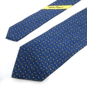 Salvatore Ferragamo ネクタイ レギュラータイ ビジネススーツ 総柄 イタリア製 シルク100% ブルー