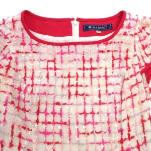 M'S GRACY ワンピース 半袖 ひざ丈スカート ミディ丈 ウエストベルト付き バックファスナー コットン 36 Sサイズ相当 赤 レッド