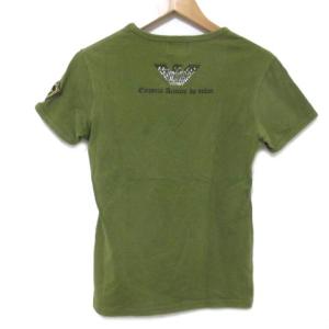 EMPORIO ARMANI Tシャツ ラインストーン 半袖 カットソー Vネック ワッペン グリーン M コットン