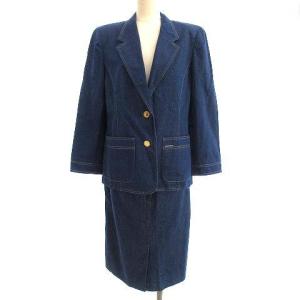 FASHION 美品 デニム スカートスーツ セットアップ 上下 ひざ丈 シングル 金ボタン コットン 13AR XL インディゴ