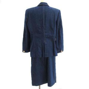 LEONARD FASHION 美品 デニム スカートスーツ セットアップ 上下 ひざ丈 シングル 金ボタン コットン 13AR XL インディゴ