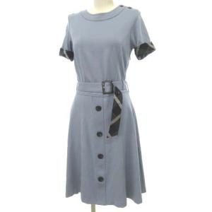 タグ付き ワンピース ひざ丈 55J43-118-22 裏地チェック フレア ベルト付き 半袖 36 青 ブルー