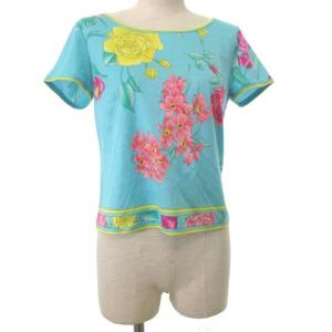 Fashion カットソー 半袖 Tシャツ 花柄 フラワープリント トップス M 水色 ライトブルー ZER1