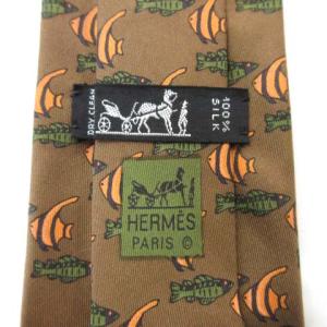 HERMES ネクタイ シルク レギュラータイ 魚柄 フォーマル フランス製 ブラウン IBO25