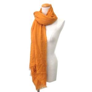 美品 カシミヤ混 大判ストール カットオフ フリンジ オレンジ