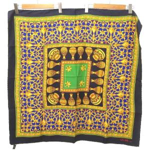 CELINE 大判スカーフ ポケットチーフ 薄手 壺柄 総柄 シルク100％ ネイビー系