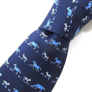 美品 ネクタイ ジャガードタイ ダービータイ レギュラー ストレート 馬柄 総柄 シルク100％ 青 ブルー IBO25