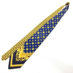 GIANNI VERSACE 美品 メデューサ ワイド ネクタイ ストレート 総柄 シルク100％ 青 ブルー 黄色 イエロー IBO25