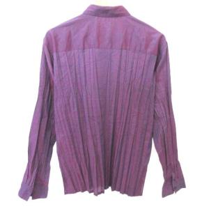 ISSEY MIYAKE 長袖 シャツ ブラウス 薄手 プリーツ グラデーション レギュラーカラー スリット ボタン  3 Lサイズ相当 紫 パープル
