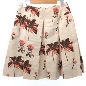 PRADA 美品 ボックスプリーツ スカート ひざ丈 フレアー 花柄 国内正規 シルク 40 M ベージュ IBO25